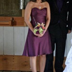 Plum tea length Alfred Angelo bridesmaid dress